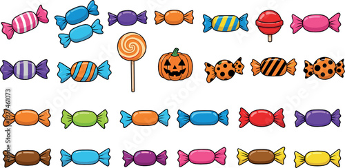 Colorful candy and sweets icon set with wrapped candies, lollipop and Halloween treats in flat vector style for party and kids design
