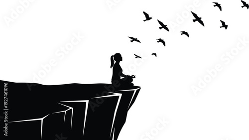 Silhouette of a woman meditating in lotus pose on a cliff edge with a flock of birds flying for freedom