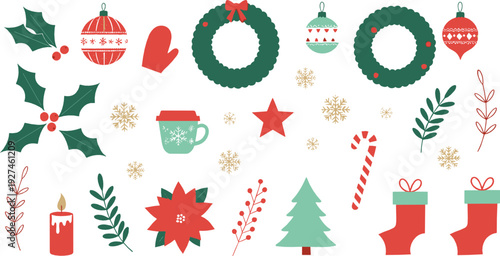 Christmas holiday decoration illustration set with wreaths, ornaments, holly and winter elements in flat vector style for festive seasonal design
