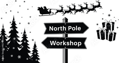 Christmas holiday scene with Santa Claus in a sleigh reindeer North Pole signpost workshop winter forest gifts and falling snowflakes