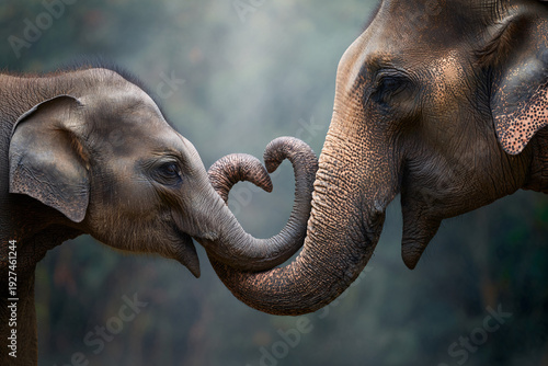 Close up of a mother Asian elephant and her baby calf intertwining trunks to form a heart shape against a blurred nature background.