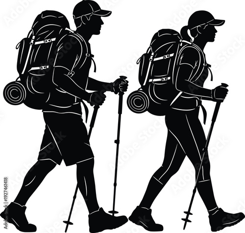 Couple hiking silhouette with backpacks and trekking poles walking outdoors for mountain adventure travel fitness tourism and active healthy lifestyle concepts