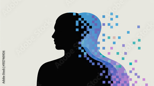 Minimalist flat art illustration of a human silhouette with shadow transforming into digital pixels