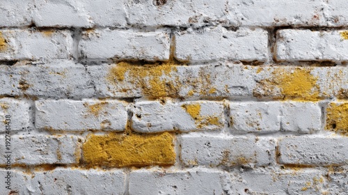 Weathered White Brick Wall with Flaking Yellow Paint and Textured Surface, Ideal for Backgrounds and Design Projects