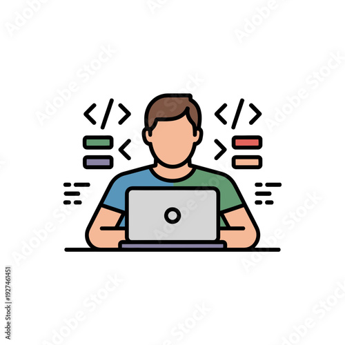 A cartoon programmer working on his laptop with coding symbols around him