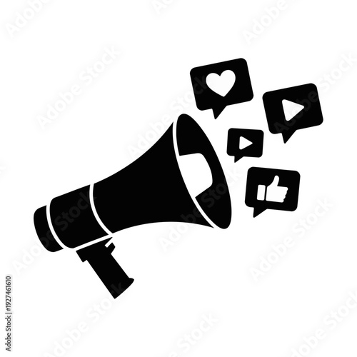 A black and white vector graphic of a megaphone with social media icons coming out of it