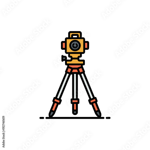 A vector graphic illustration of a surveyor's transit level on a tripod, used for construction and building design
