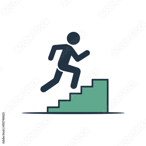 A minimalist vector graphic of a person running up a staircase, symbolizing progress and success