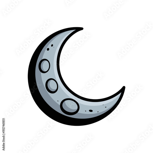 A minimalist vector graphic of a crescent moon with craters and a subtle gray color scheme