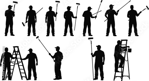 House painter workers with rollers and ladder, professional home renovation silhouette black vector illustration isolated