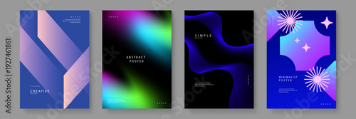 Collection of four premium abstract posters featuring geometric shapes vibrant mesh gradients and futuristic wavy lines for creative design projects