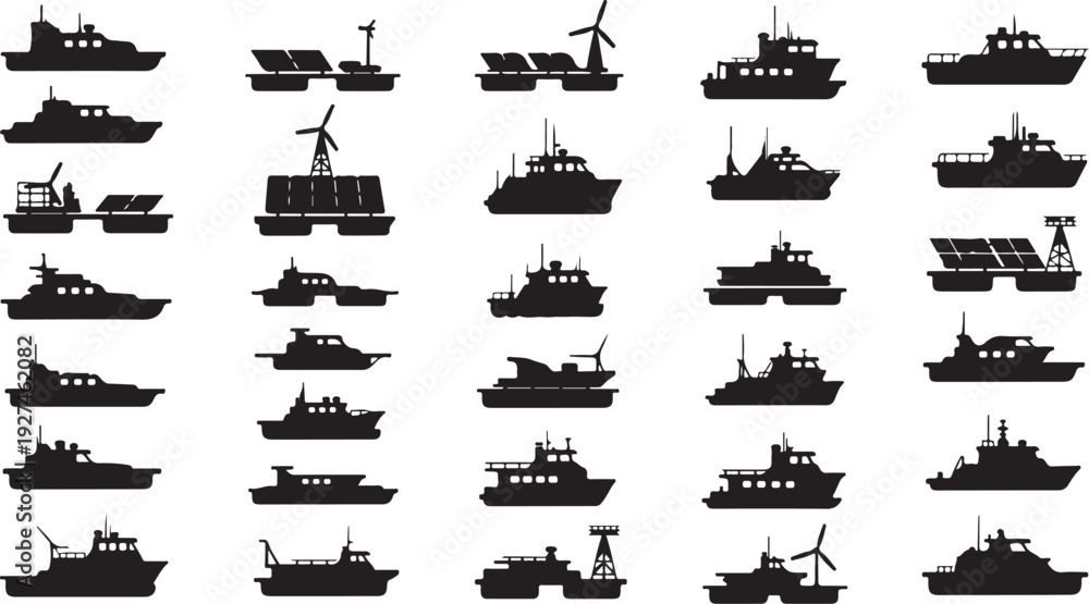 Obraz premium Collection of various boat and ship silhouettes on white