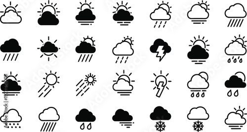 Weather forecast icons in silhouette style for various conditions