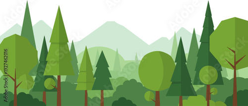 Geometric flat design illustration of a vibrant green forest landscape with diverse trees and distant mountains, showcasing natural beauty and serene wilderness