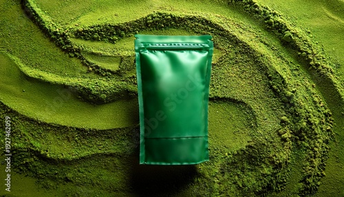 Creative Green Pouch Mockup Blending Into Vibrant Matcha Powder Background