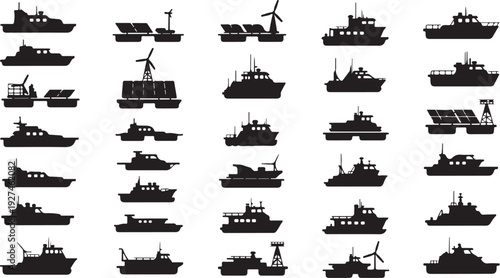 Collection of various boat and ship silhouettes on white