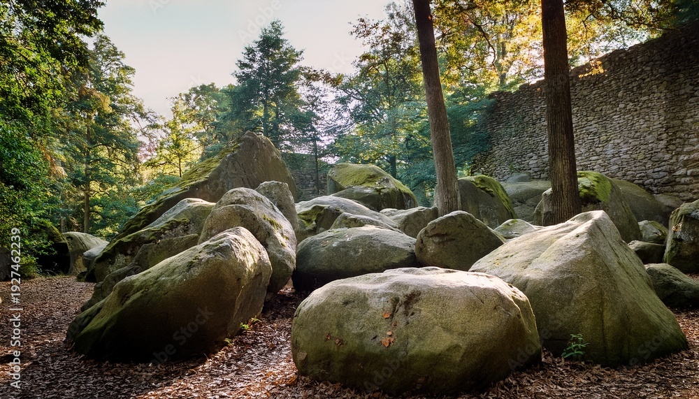 Fototapeta premium Large Rocks Scattered On The Ground In A Forest With Trees And A Stone Wall In The Background