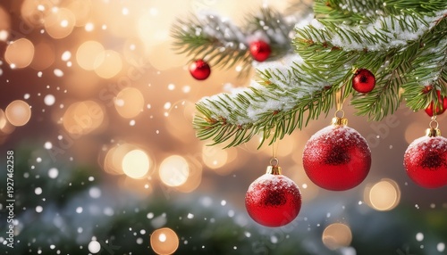 Festive Christmas Tree Branch With Red Ornaments And Falling Snow In Warm Bokeh Atmosphere