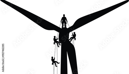 Wind turbine maintenance workers silhouettes, industrial rope access technicians climbing renewable energy tower isolated vector illustration