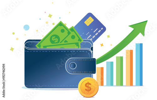 Financial Growth Concept Illustration - Blue Wallet with Cash and Rising Investment Bar Chart.eps