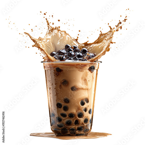 iced milk tea and bubble boba in the plastic glass on the white background with copy space