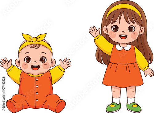 Cute cartoon baby and little girl waving hands, adorable siblings characters in colorful outfits, cheerful children vector illustration isolated on white background