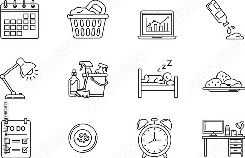 Daily routine outline icons set including shopping, cleaning, working, sleeping and meal time, minimal line vector illustration representing household tasks, productivity and everyday life activities