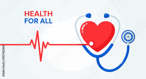 Health care symbol with stethoscope and heart rate line representing wellness and medical health for all people