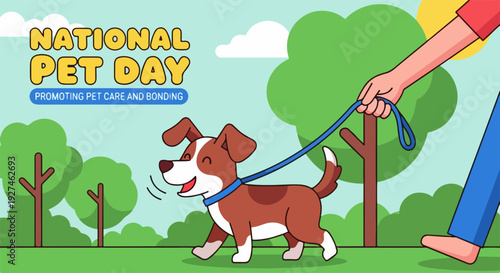 Happy dog on leash walking with owner in park on national pet day with trees and green grass