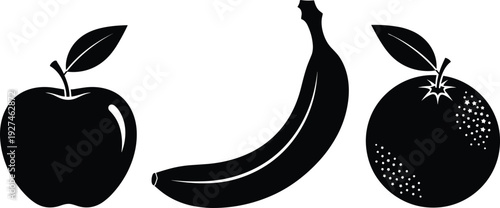 Set of fruit silhouettes featuring apple banana and orange for healthy eating nutrition organic food grocery store and vegan lifestyle concepts