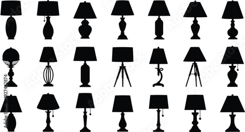 Table lamp silhouette collection, classic and modern desk lighting fixtures, isolated black vector home decor illustration set
