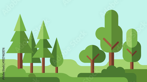Vibrant flat illustration of a lush green forest landscape with diverse trees under a clear sky, representing nature and eco-friendly environments for digital design