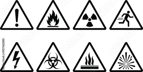 Industrial safety warning signs set featuring hazard symbols for flammable radioactive biohazard high voltage fire and emergency exit for workplace caution