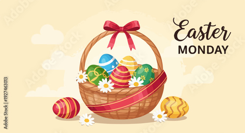 Colorful easter eggs in wicker basket with red ribbon on easter monday springtime celebration