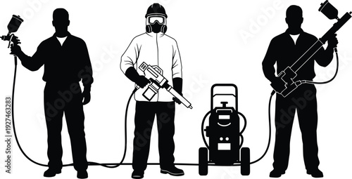 Professional spray painter silhouettes set, workers with spray gun and airless machine, protective mask, isolated black vector illustration