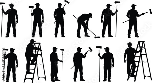 Professional house painter with roller and ladder, home renovation worker black silhouette vector illustration isolated