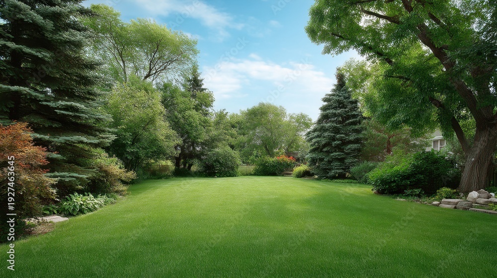 Fototapeta premium Lush Green Lawn Surrounded by Vibrant Trees and Bushes Under a Clear Blue Sky in a Peaceful Natural Setting