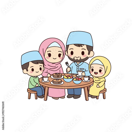 Muslim family having iftar meal together during Ramadan.
