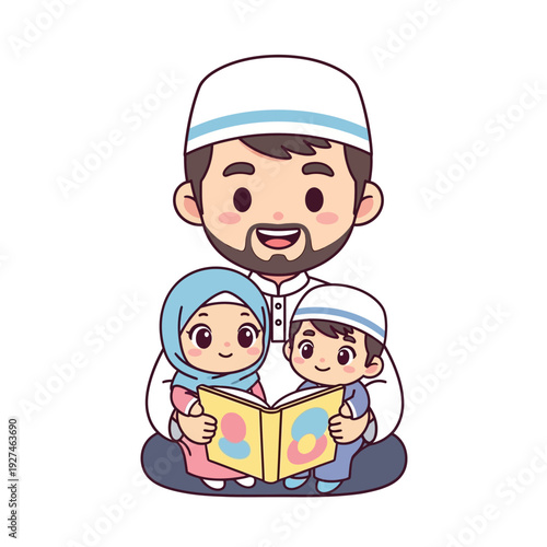 Cartoon father and children reading together happily.