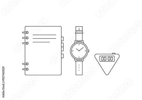 Clean Line Art Representation Of A Spiral Notebook Wristwatch And Digital Timer Isolated On White Background For Planning Productivity Organization