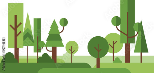Minimalist Flat Design Forest Scene with Various Green Trees and Lush Bushes in a Serene Natural Landscape