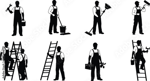 House painter and maintenance worker silhouettes set, ladder, roller, bucket and tools, isolated black vector construction service collection
