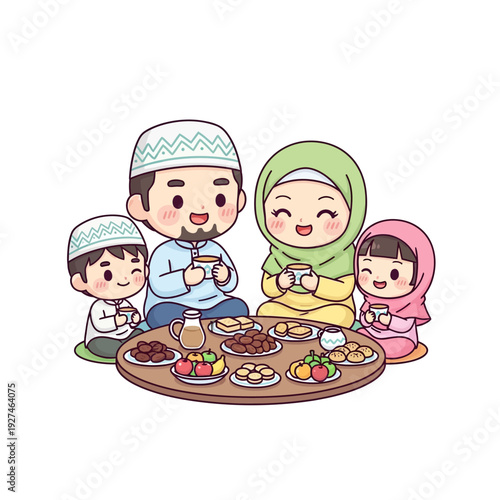 Muslim family breaking fast together during Ramadan with traditional food.