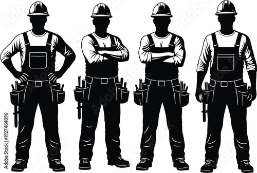 Construction worker silhouettes standing poses, professional builders with hard hats and tool belts, isolated black vector illustration worker silhouettes standing poses