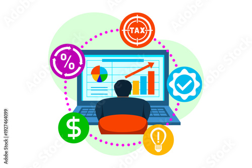 Person sitting in front of computer screen looking at graphs and charts related to tax reporting. Screen showing financial data, including percentages and dollar amounts