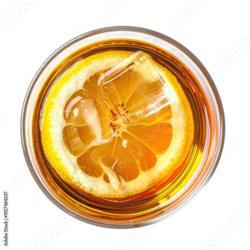 Refreshing whiskey sour cocktail with lemon slice and ice cube overhead view isolated on white background