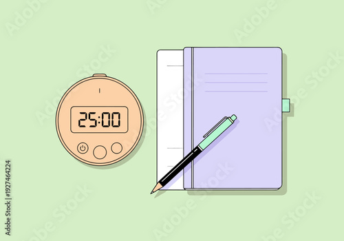 Timer open notebook and pen lie on a light green background symbolizing focused work on tasks and planning