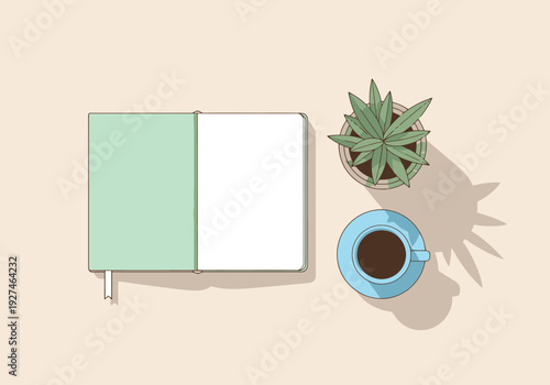Open Notebook And Coffee Cup With Plant On Desk Creating Minimalist Workspace Scene For Productivity And Organization Concepts