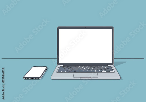 Modern Laptop and Smartphone Displayed Side By Side On A Table With Plain Background For Digital Content Creation And Business Communication
