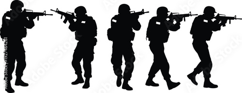 Military soldier silhouettes with assault rifle in tactical combat stance black vector illustration isolated on white